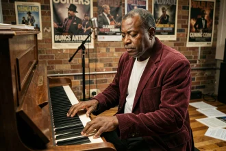 Musicien mature assis au piano dans une salle de répétition vintage avec affiches de concerts et murs en briques apparentes