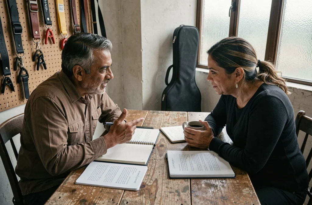 Deux musiciens en pleine discussion créative autour de paroles et de carnets sur une table en bois dans un café backstage