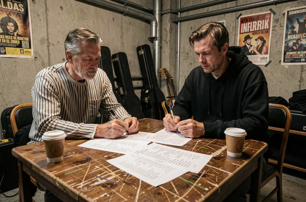 Deux musiciens de rock discutant de setlists en coulisses autour d'une table avec des étuis de guitare et des affiches de tournée
