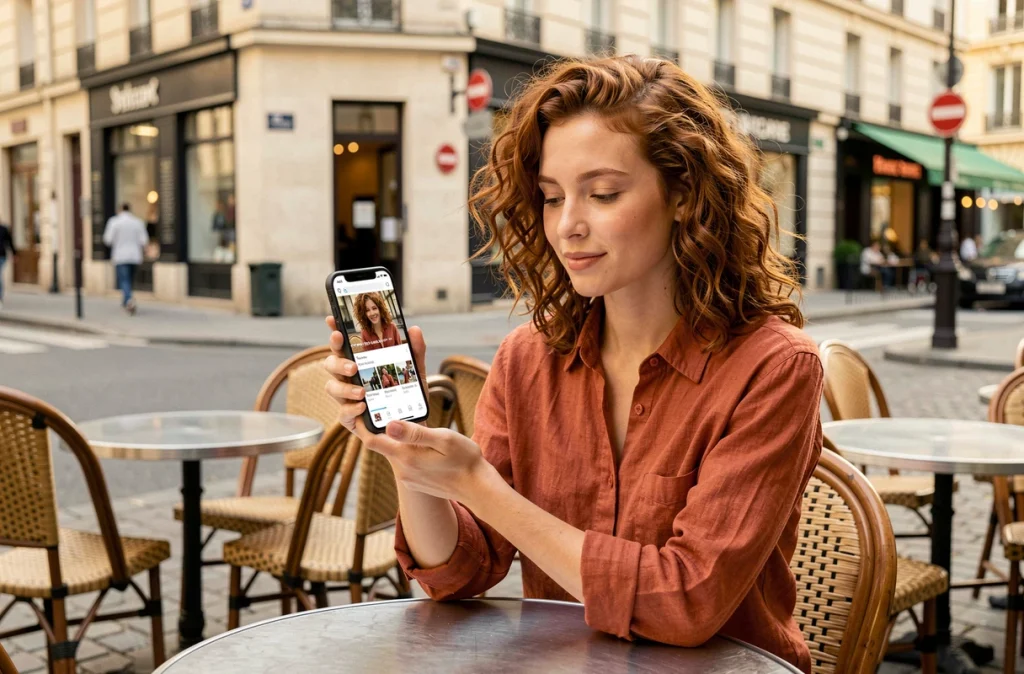 Jeune femme naviguant sur du contenu vidéo mobile en terrasse de café parisien