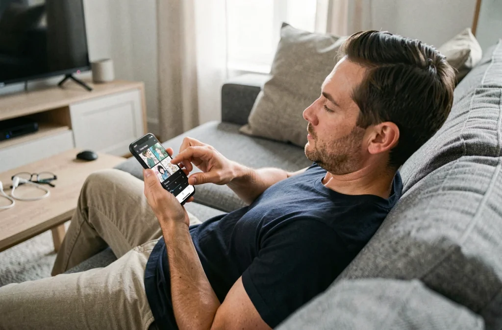 Homme allongé sur un canapé consultant les paramètres d'affichage d'une application de lecture de manga sur smartphone, ambiance intérieure décontractée