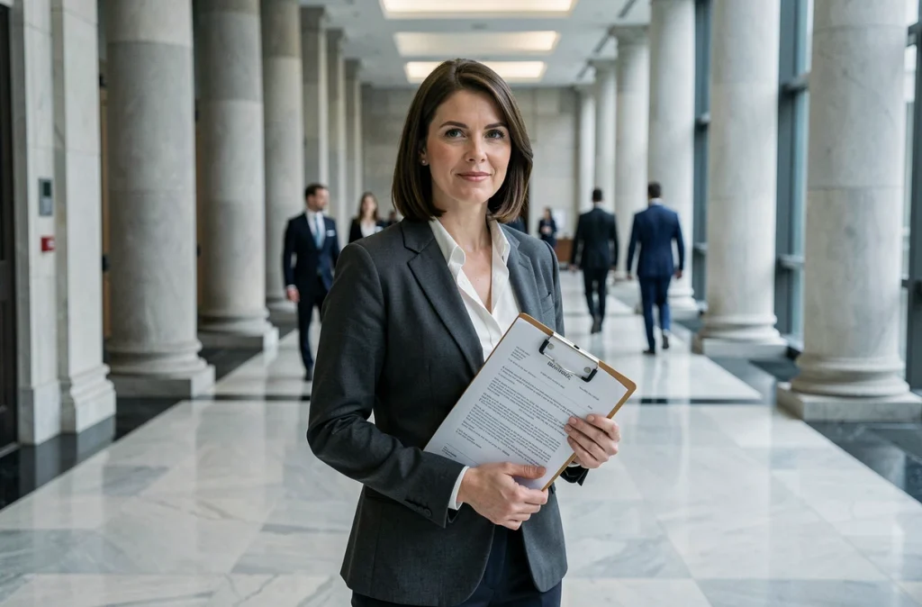Femme juriste tenant des preuves documentaires dans un couloir de palais de justice