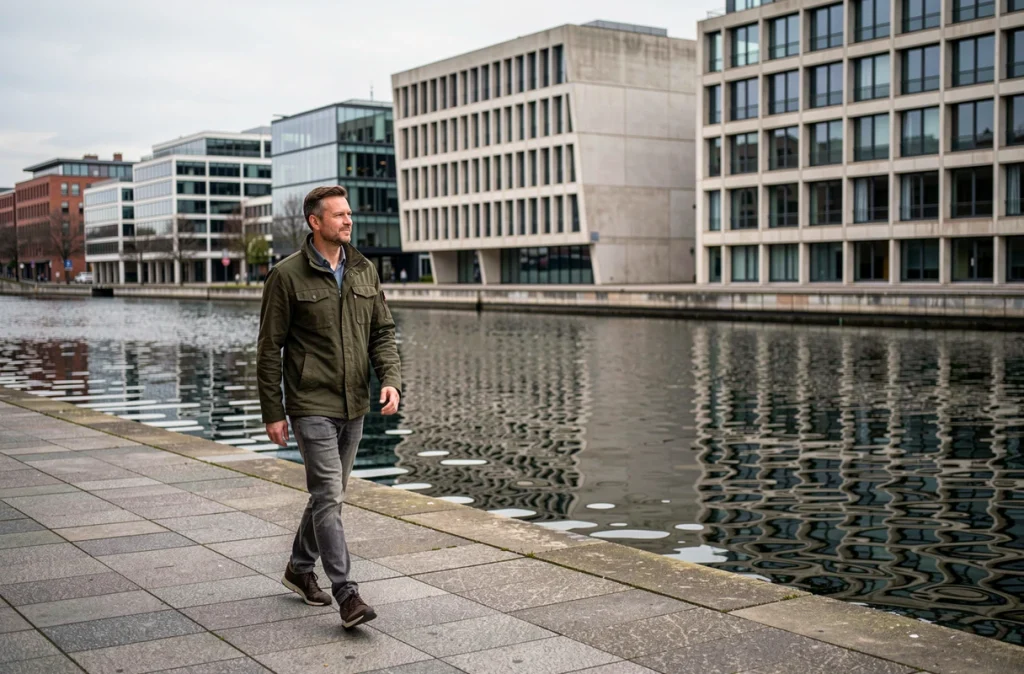 Promeneur longeant la Spree devant le Marie-Elisabeth-Lüders-Haus dans le quartier parlementaire de Berlin