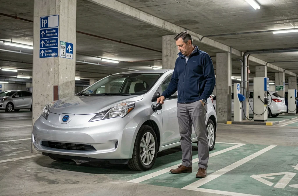 Homme branchant le câble de recharge d'une voiture électrique de location dans un parking urbain équipé