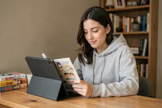 Jeune femme lisant des mangas sur une tablette avec interface en mode sombre, installée dans un bureau cosy, illustrant les réglages de confort de lecture sur Crunchyscan