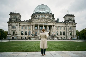 Femme consultant une carte devant le Reichstag à Berlin lors d'une balade dans le quartier du gouvernement