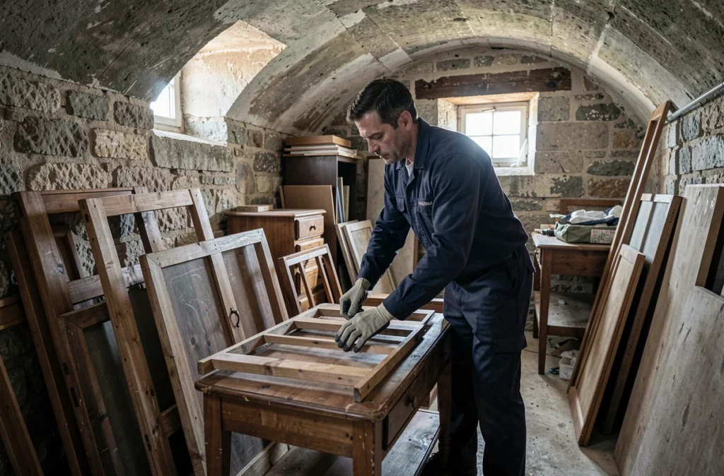 Professionnel ABIRIUS démontant des vieux meubles en bois dans un sous-sol encombré d'un immeuble résidentiel du sud de la France