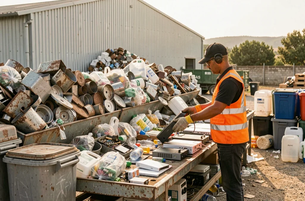 Professionnel d'ABS Recyclage triant des matériaux recyclables dans une cour de recyclage en plein air