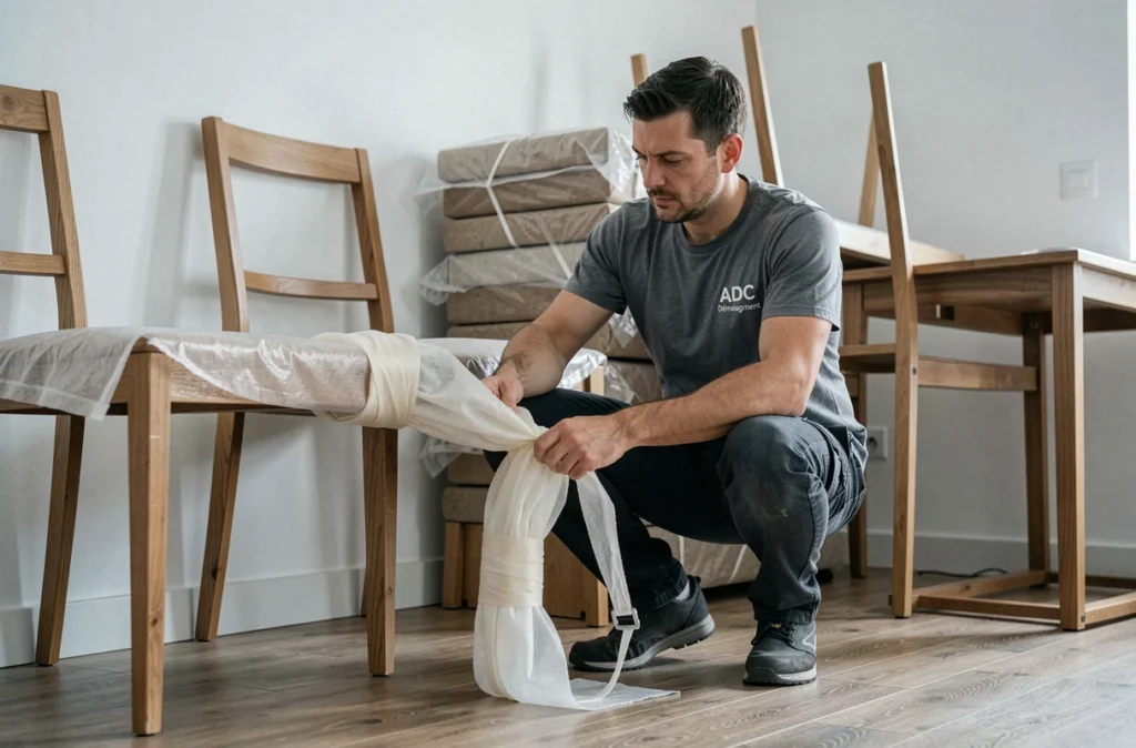 Déménageur ADC Déménagement emballant soigneusement des chaises en bois dans un appartement vide dans le Var