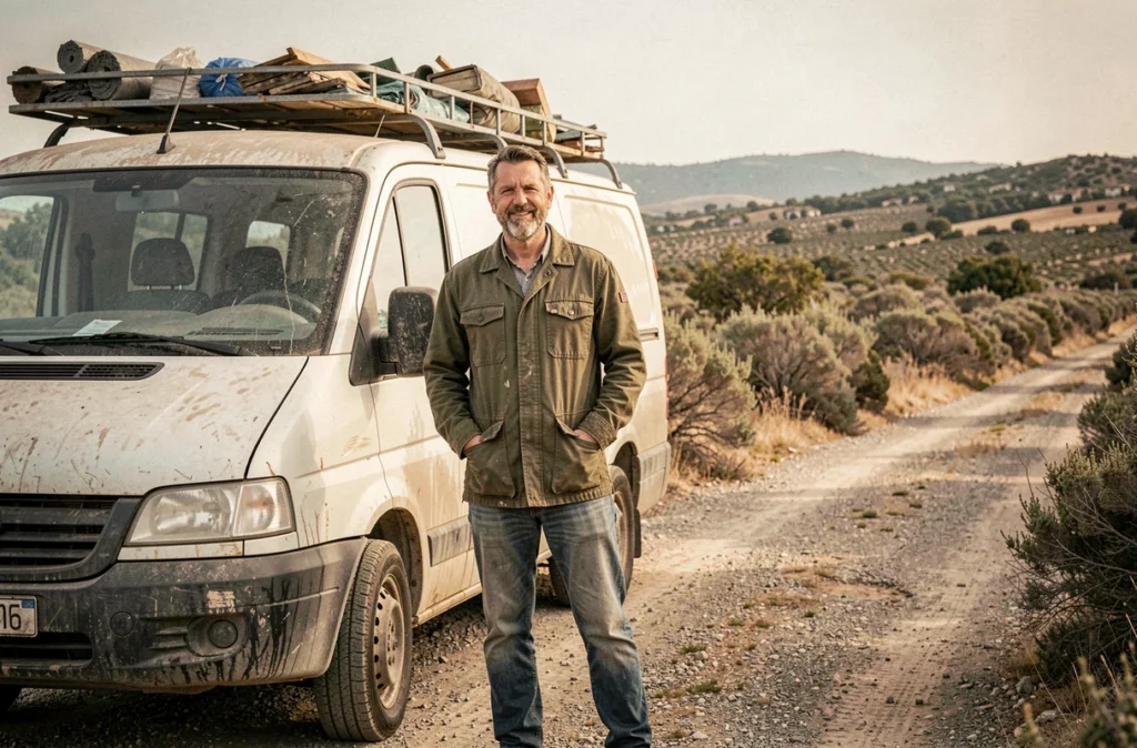 Antoine Cortes, professionnel indépendant du débarras, posant devant son fourgon chargé sur une route rurale de l'Hérault