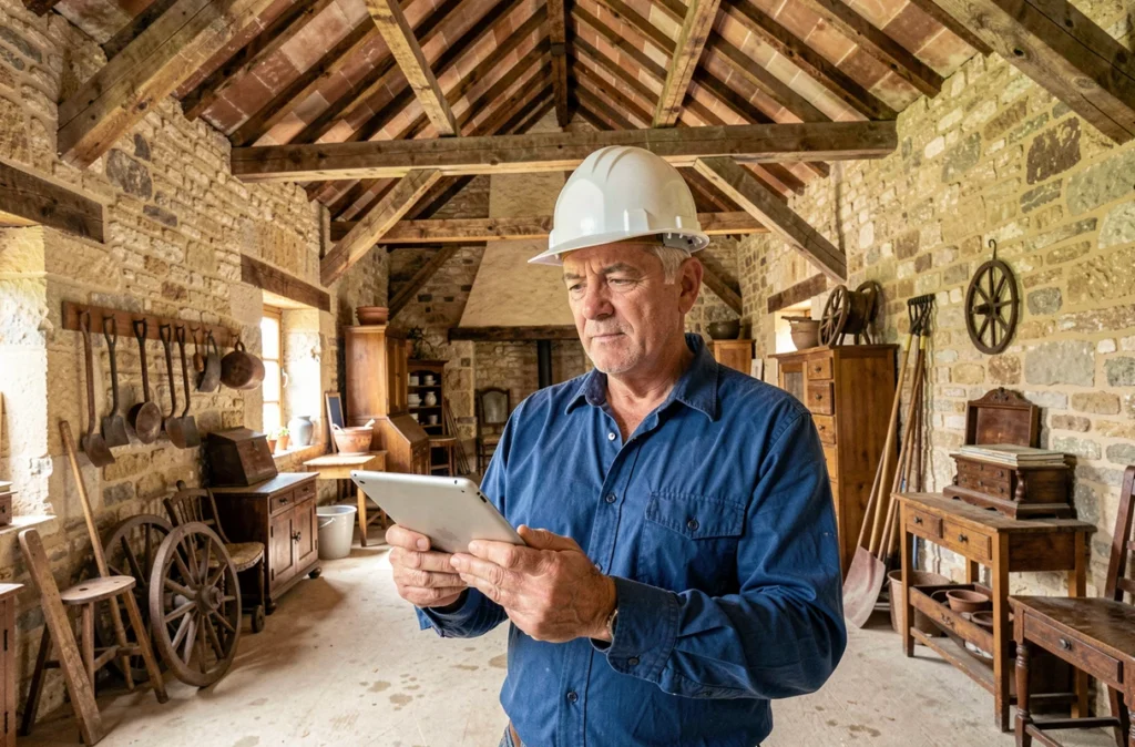 Expert d'Artisans Ingénieurs Construction réalisant une évaluation de débarras dans une grande ferme traditionnelle de l'Hérault avec tablette et casque blanc