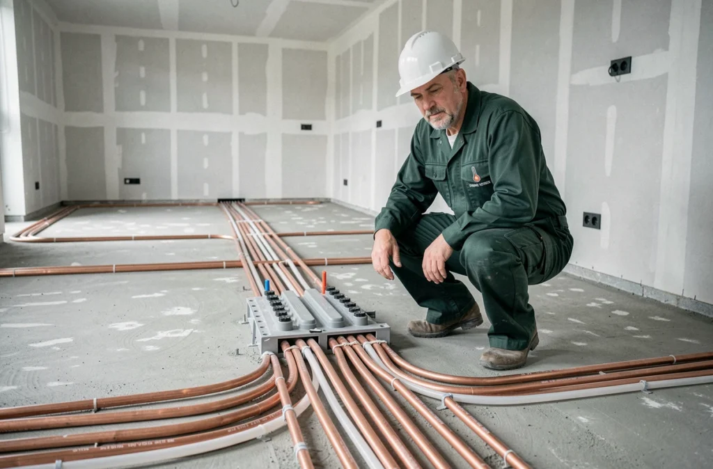 Installateur de Centigrade posant un système de chauffage par le sol dans une maison neuve de l'Eure