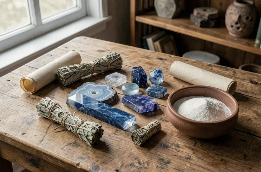 Collection de pierres bleues pour la méditation incluant agate, sodalite et kyanite disposées sur une table en bois brut avec des herbes séchées