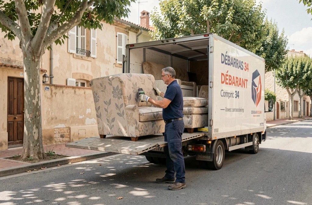 Agent de Débarras 34 chargeant des meubles encombrants dans un camion devant une villa résidentielle à Montpellier