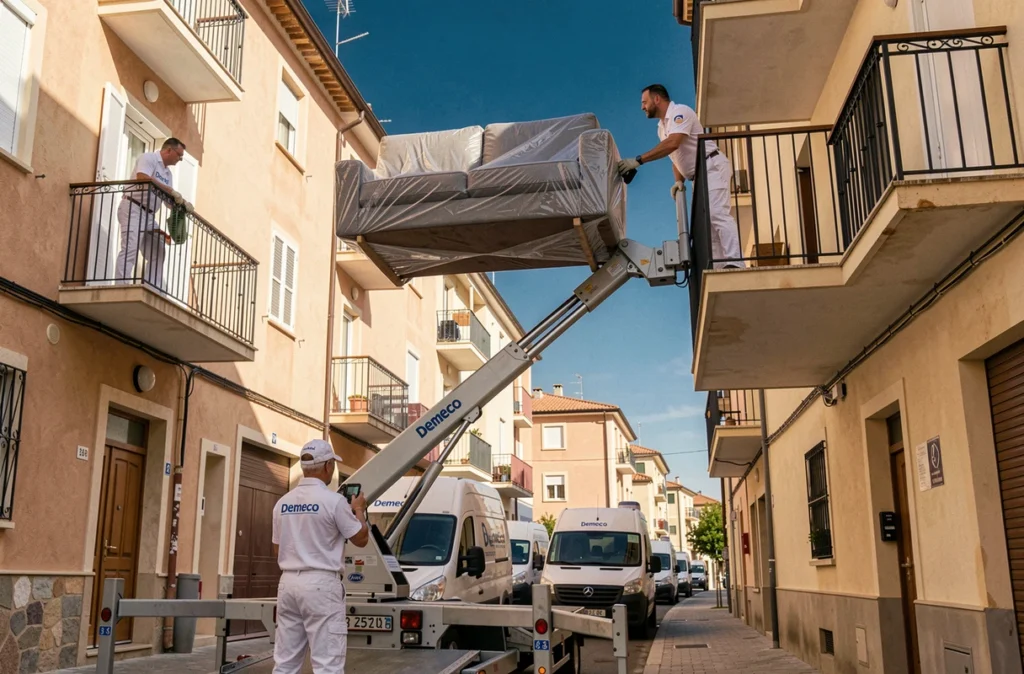 Équipe Demeco Var utilisant un monte-meuble hydraulique pour déménager un canapé dans un immeuble du Var