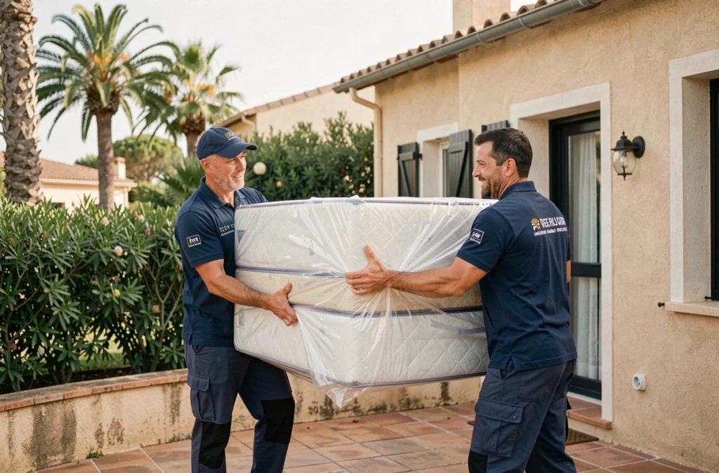Déménageurs MATRALOC portant un matelas protégé devant une maison à Hyères dans le Var