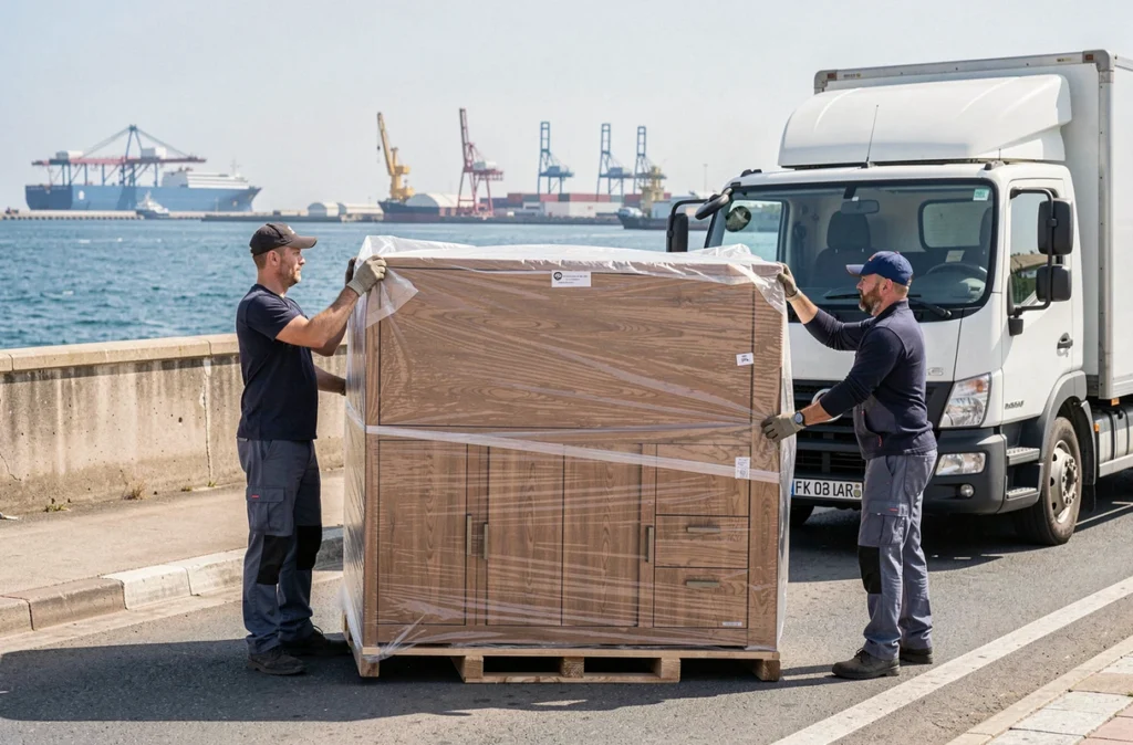 Équipe MATRALOC chargeant une armoire sur un camion à La Seyne-sur-Mer avec vue sur le port