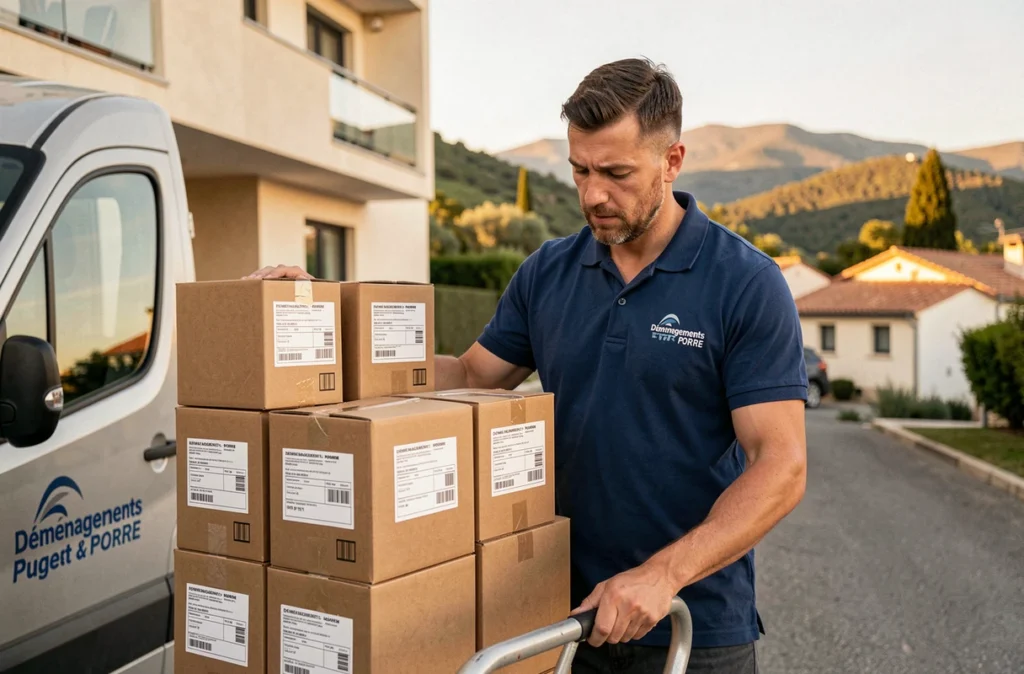 Déménageur PORRE empilant des cartons à côté d'un camion à Puget-sur-Argens dans le Var