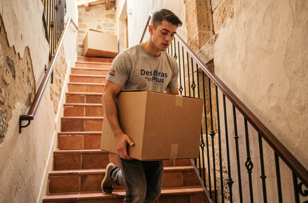 Déménageur Des Bras en Plus portant des cartons dans un escalier étroit d'une maison provençale dans le Var