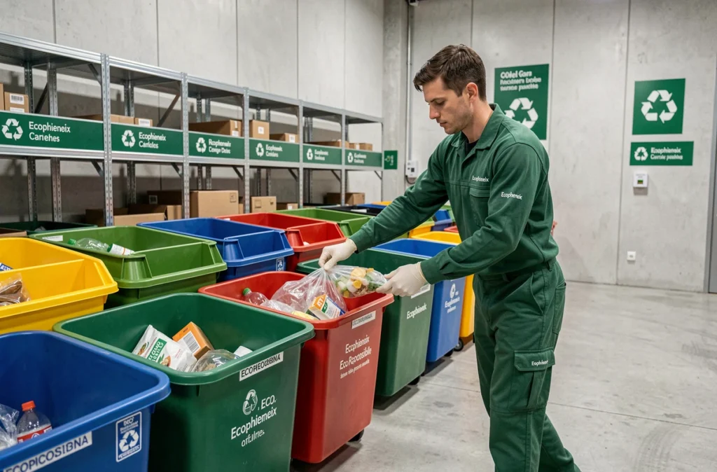 Membre de l'équipe Ecophoenix triant des déchets écoresponsables dans des bacs colorés à l'intérieur d'un centre de tri moderne