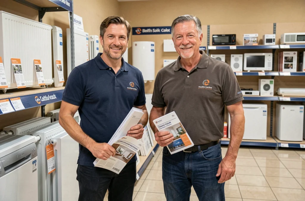 Professionnels d'ELAN DIFFUSION présentant des équipements de chauffage dans leur showroom de l'Eure