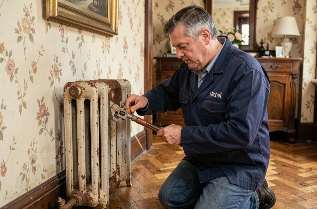 Technicien de l'Entreprise Michel réparant un radiateur en fonte dans une maison ancienne de l'Eure