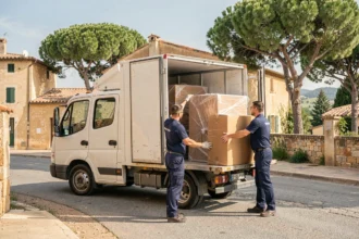 Équipe de déménageurs professionnels chargeant un camion blanc devant des maisons provençales dans le Var