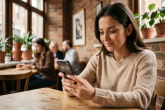 Femme célibataire contemplative dans un café regardant l'heure 19h19 sur son téléphone, symbolisant une synchronicité et l'attraction d'une relation saine