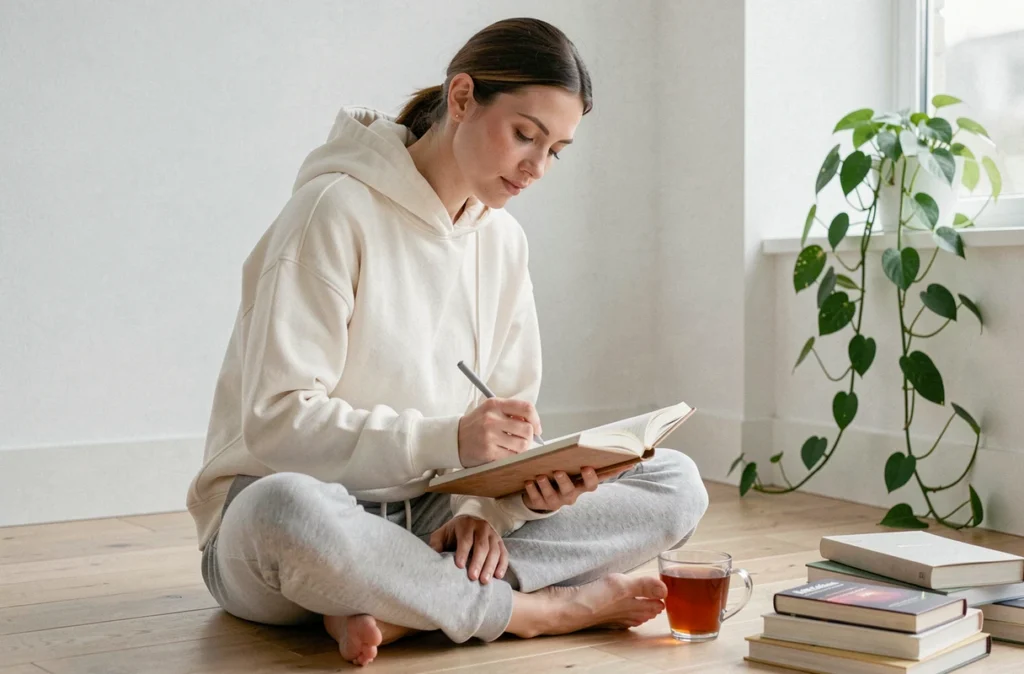 Femme célibataire écrivant dans un journal intime chez elle dans un espace minimaliste, pratiquant l'introspection pour attirer une relation saine liée à la signification du 19h19