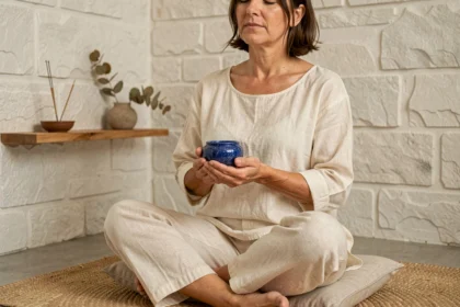 Femme en méditation tenant une pierre bleue lapis-lazuli dans ses mains, assise en tailleur sur un coussin de méditation en lin naturel