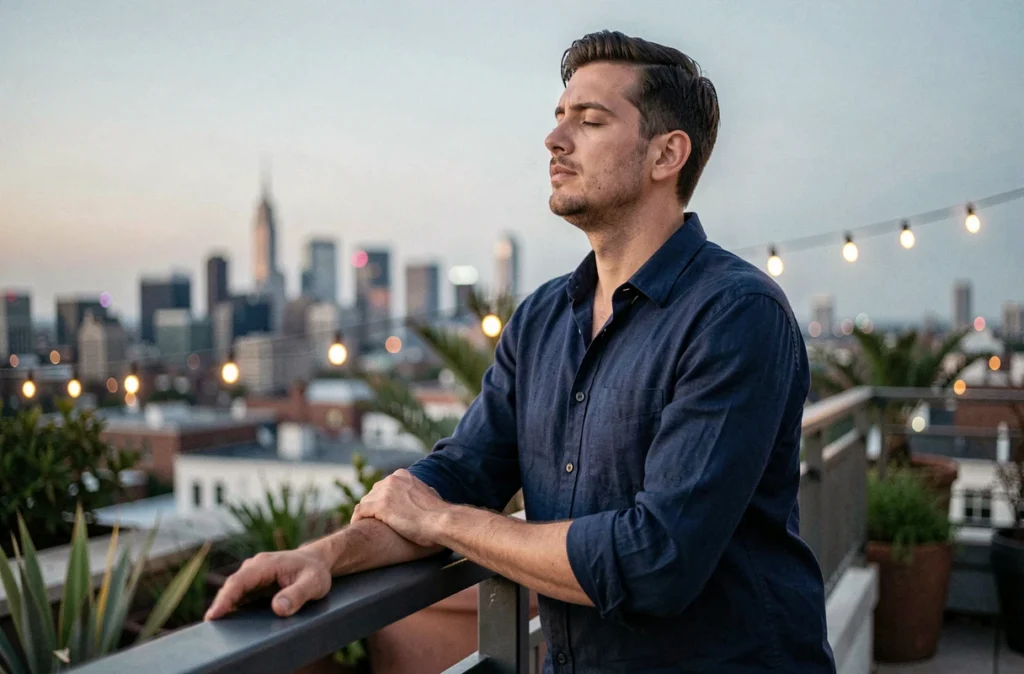 Homme célibataire méditatif sur un rooftop urbain au crépuscule, symbolisant l'ouverture à l'amour et la signification du 19h19 pour attirer une relation saine
