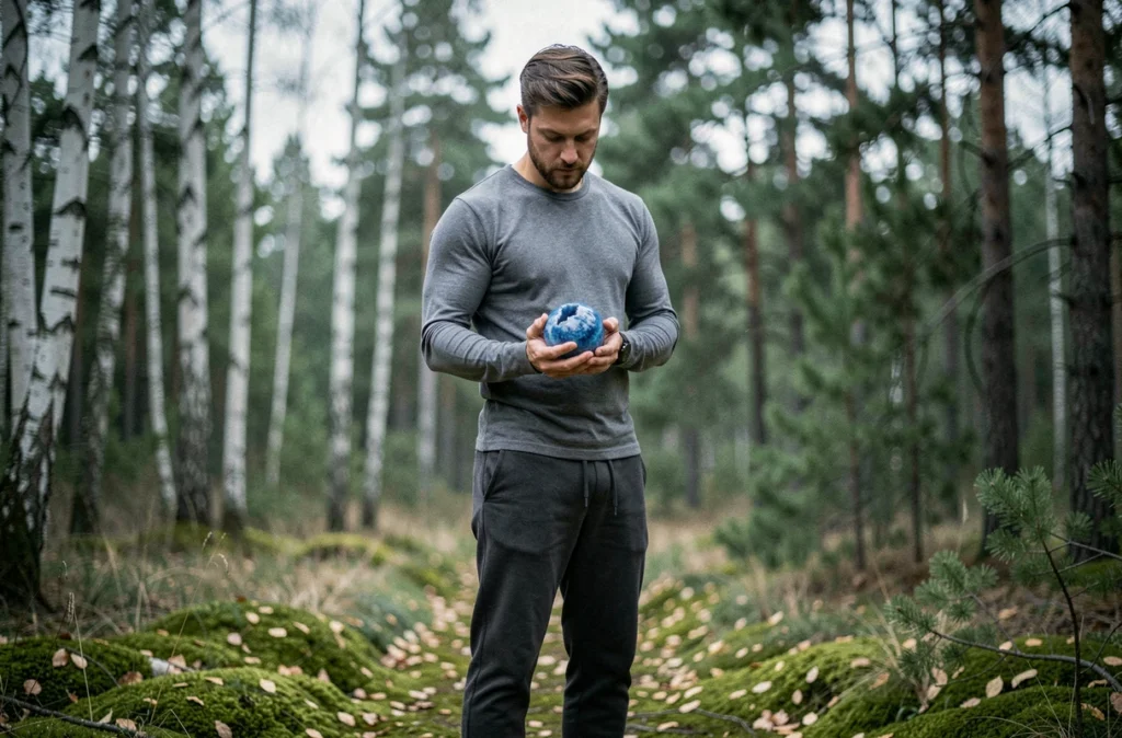 Homme en méditation en pleine nature tenant une sphère de sodalite bleue entre ses mains dans une clairière forestière