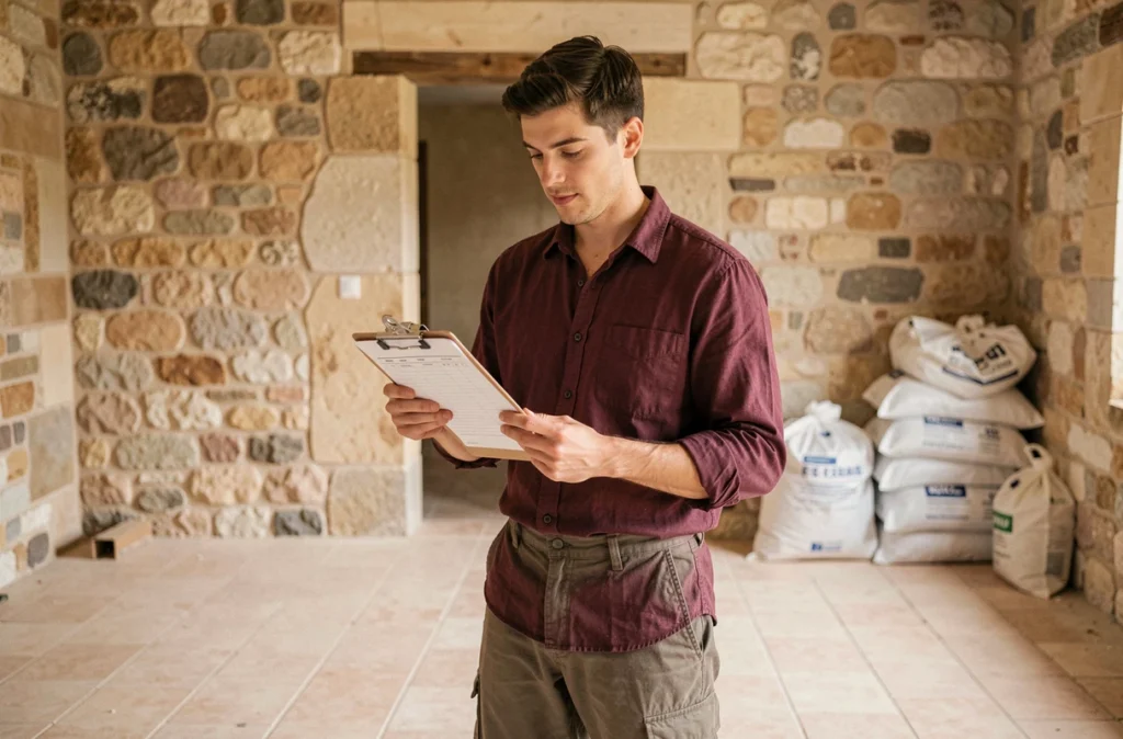 Maxime Campoy consultant une liste de débarras sur un presse-papiers à l'intérieur d'une maison en pierre de l'Hérault