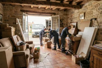 Équipe professionnelle de débarras travaillant dans une maison de l'Hérault, triant et évacuant des meubles et objets divers vers un camion blanc