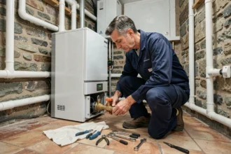 Technicien chauffagiste professionnel en train d'installer une chaudière dans une maison de l'Eure