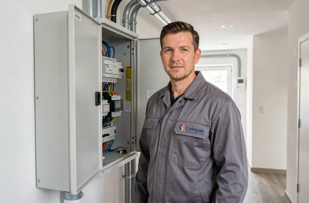Technicien de PAT ELEC inspectant un tableau de commande de chauffage électrique dans l'Eure