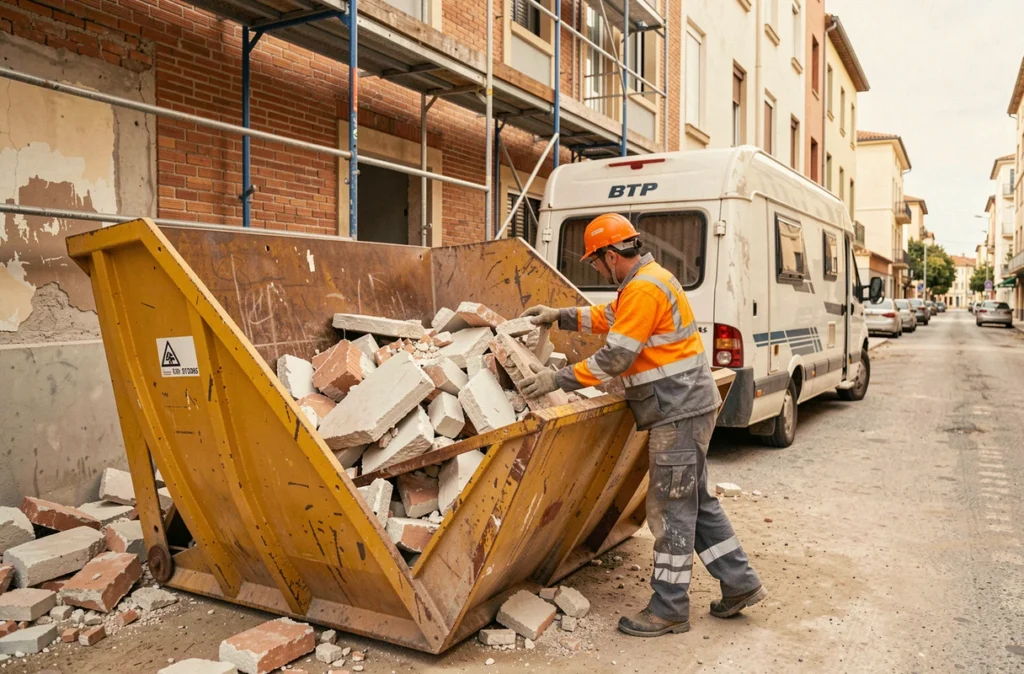 Ouvrier RV BTP chargeant des déchets de construction dans une benne jaune sur un chantier de rénovation à Montpellier