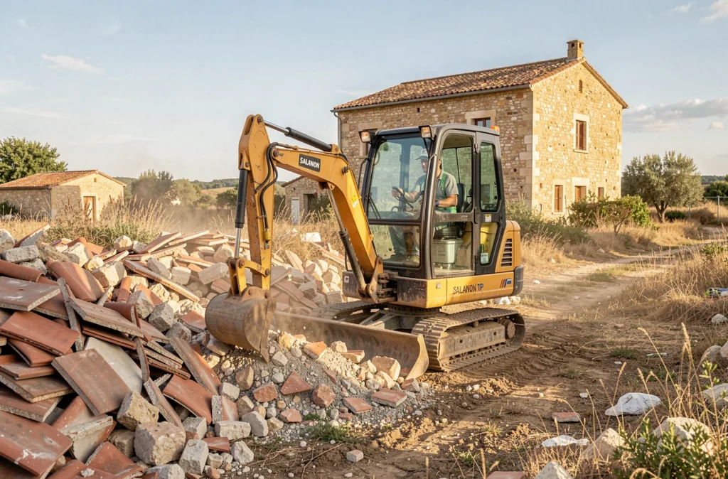Opérateur SALANON TP utilisant une mini-pelle pour évacuer des gravats et encombrants sur un chantier de débarras dans l'Hérault rural