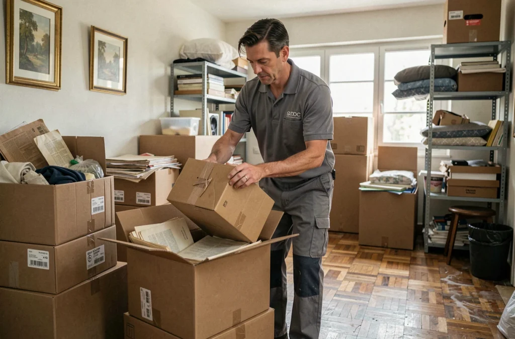 Spécialiste SDOC vidant un appartement encombré en emballant soigneusement des boîtes et objets divers