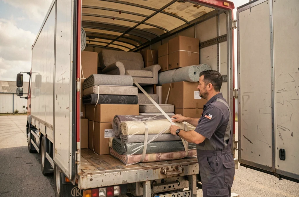 Chauffeur de Transports Ginoux sécurisant une cargaison de mobilier dans un camion de transport