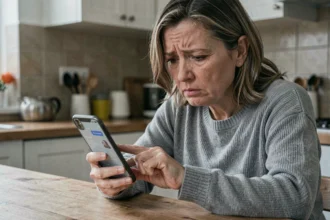 Femme inquiète vérifiant un numéro de téléphone inconnu sur son smartphone pour détecter une arnaque